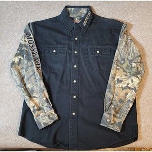 Mossy Oak Western By Roper Shirt Men's Medium Button Down Black Camo Embroidered